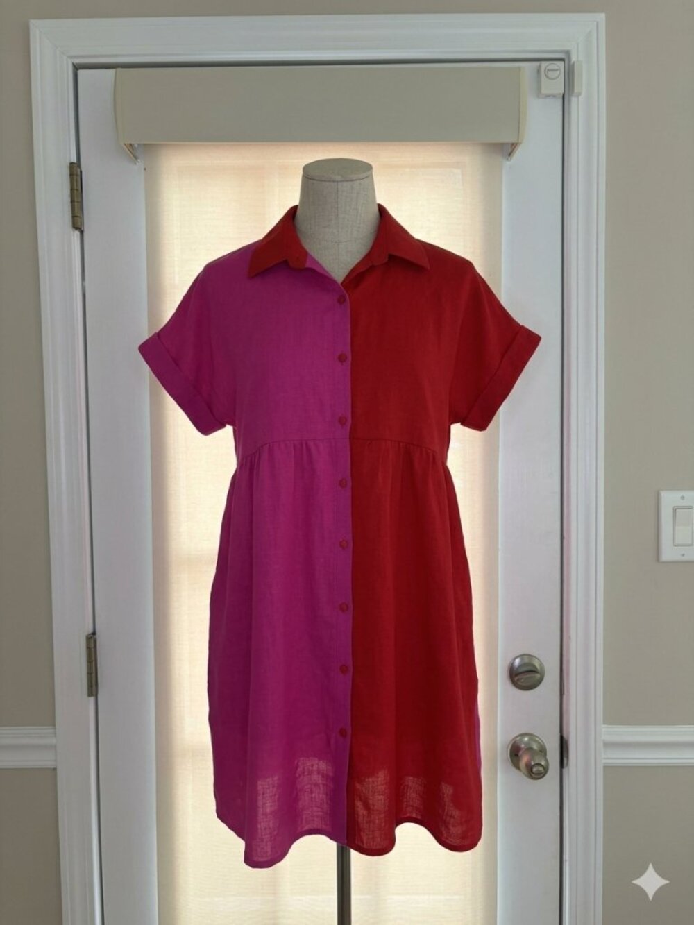 ColorBlock Button Front Babydoll Dress